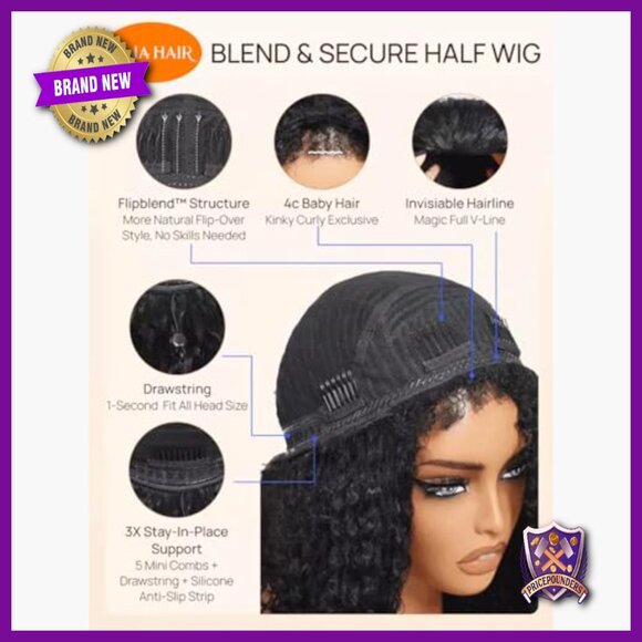 18 Inch Human Hair Half Wig Glueless Beginner Friendly Kinky Curly